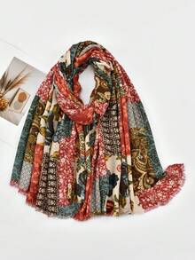 1条拼布印花流苏长围巾，亲肤舒适。一条围巾，一种心情，让你精神焕发