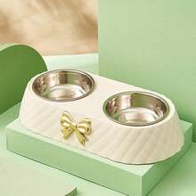 Stainless Steel Double Bowl Pet Dog Food Bowl, Cute Bow Design Cat Feeding Bowl, Dual Use For Food And Water