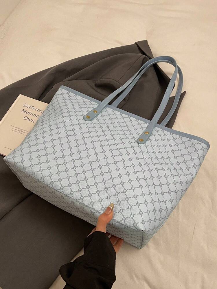 SHIMEINI 1个2026新款欧美时尚拼接手提包，大容量旅行包，购物袋，适合女性日常使用，返校学生背包，度假旅行，节日，约会，送礼佳品 - 淺藍色 - 查看 5