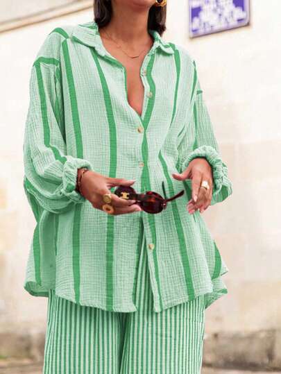 1pc Women's Casual Relaxed Fit Striped Button-Up Long Sleeve Shirt, Suitable For Spring, Summer, Fall Commuting, Daily Wear, Coffee Dates, Outdoor Parties, Back To School, Vacations