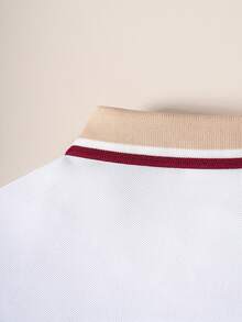 3件組男童多色刺繡短袖 Polo 衫，對比條紋領口學院風上衣，適合返校季與日常穿著 - 酒紅色 - 查看 4