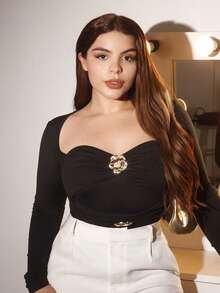 Lupita Cardoza 女士时尚派对玫瑰金属装饰长袖黑色紧身连体衣，圣诞节/情人节/音乐会/表演服装/约会/宴会/舞会/婚礼季/性感/优雅/通勤/返校季