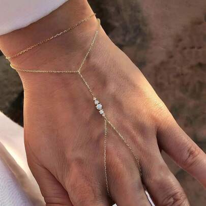 1pc S925 Sterling Silver Gold Color Rhinestone Finger Chain Bracelet, Low Allergy Hypoallergenic Silver Jewelry, Bling Ring Bracelet Suitable For Women Parties & Everyday Matching