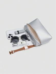 1 pieza Bolso de hombro cuadrado de unicolor con textura de lichí en PU, pequeña cartera para mujeres, apta para combinaciones de moda diaria y salidas - Plateado - Ver 8
