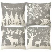 4 piezas de fundas de almohada y silla con estampado de lino navideño, adecuadas para la sala de estar, cama, sofá, decoración del hogar, fundas de cojín minimalistas suaves, no incluye relleno de almohada