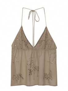 Women Halter Top, Tie-Up Sleeveless Tops Backless Shiny Beaded Summer Vest For Club Party - Nâu nhạt - Xem 8