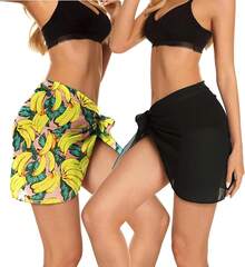 CHICGAL 2 Pieces Women Beach Sarong Bathing Suit Wrap Skirt Sheer Bikini Swimsuit Cover Ups Swimwear - 黑色和香蕉粉紅色 - 查看 4