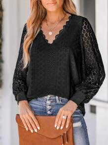 Womens Long Sleeve Lace Blouse V-Neck Hollow Out Top