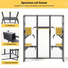 70Inches Large Spacious Wooden Catio Outdoor Cat Enclosure With Perches And Condos, Cat Cage Indoor With Waterproof Roof, 7 Platforms & 2 Resting Box, UV Resistant (Grey/Orange/Gothic) - Grey - View 5