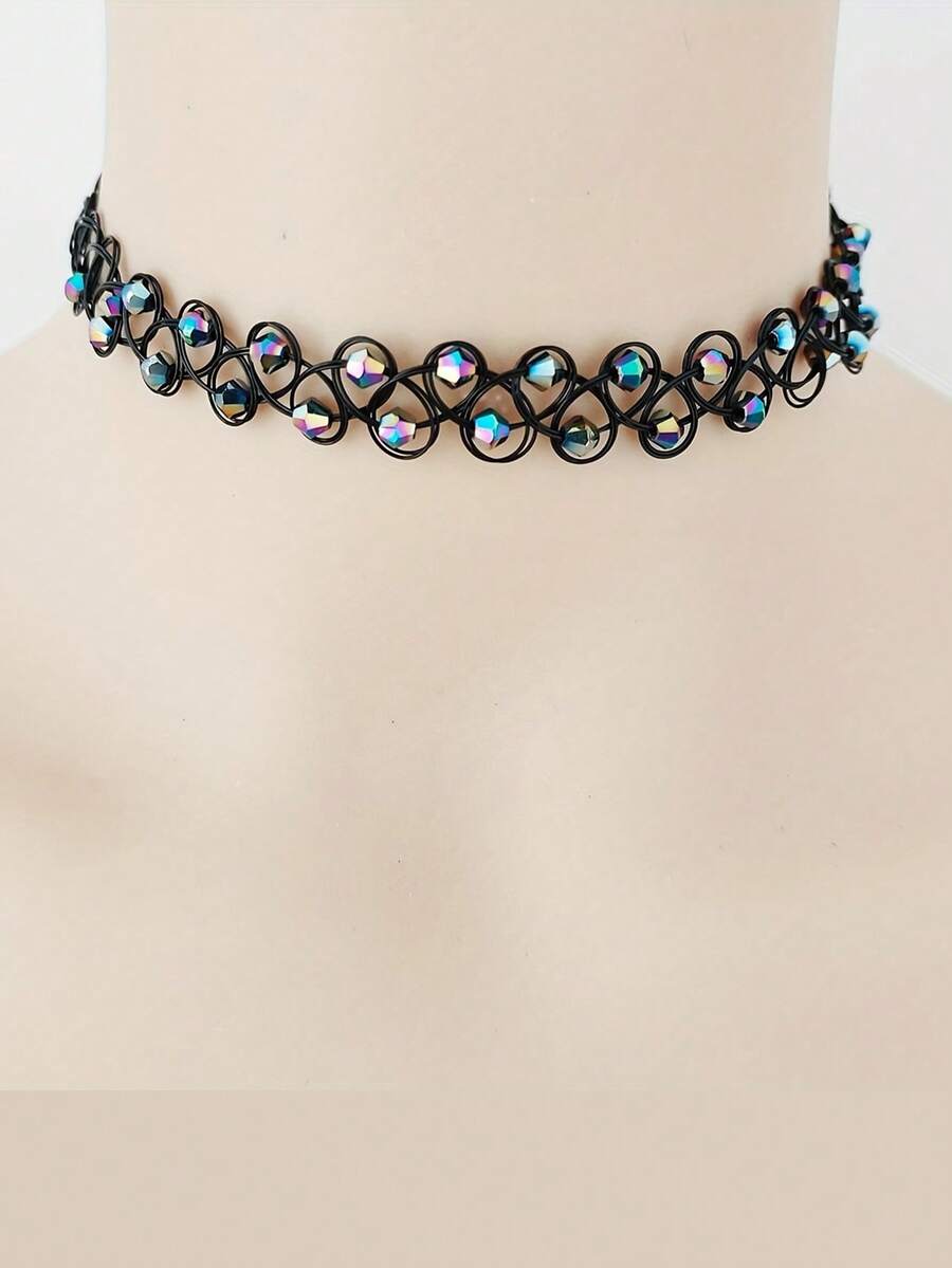 3件套女士珍珠黑白鱼骨图案纹身颈链，弹力镂空哥特式颈链 - 彩色 - 查看 1