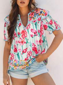 Women's Pink Floral Print Striped Trim Split Neck Short Sleeve Shirts Blouse Boho Summer Tops