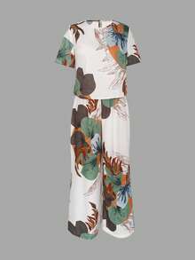 Floral Print Short Sleeve Top And Pants Set, Simple Commuter Style Fashion Outfit With Side Pockets