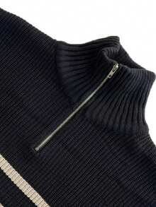 كنزة صوفية رجالية جديدة عصرية كاجوال بياقة عالية وسحاب نصفي، أكمام طويلة مخططة، ملابس رجالية للخريف/الشتاء، ملابس رسمية كاجوال