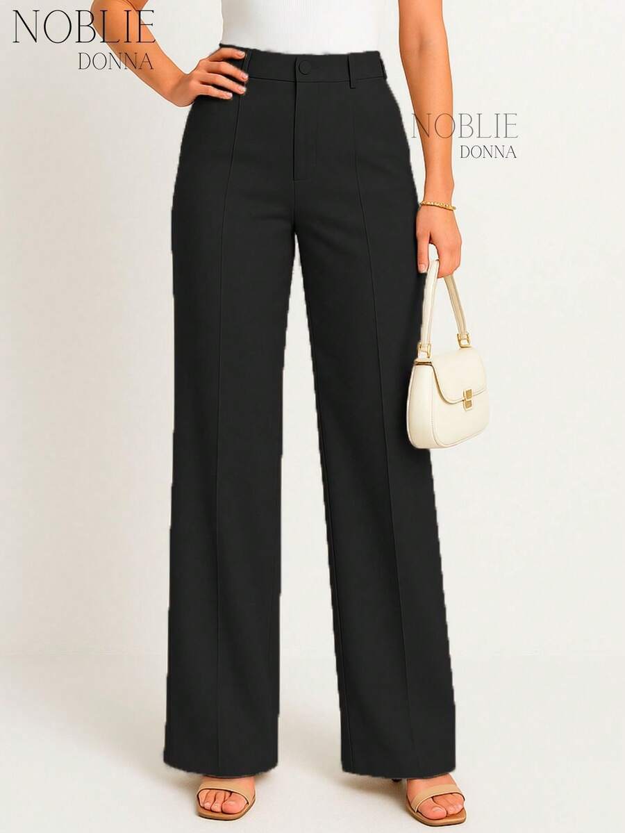 Premium Tailored Wide Leg Trousers High Waist Formal Elegant Work Fashion With Front Button - 黑色 - 查看 1