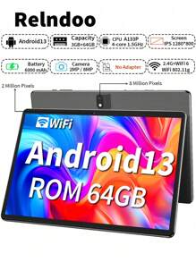 Relndoo Tablette Android 13 de 10 pouces 2025 TopS, 3 Go de RAM + 64 Go de ROM, processeur quadricœur A133P à 1,5 GHz, écran tactile HD 1280*800 px, batterie haute capacité de 6000 mAh, Wifi 802.11n 2,4 GHz, double caméra 2 MP + 8 MP, prise en charge de l'extension SD jusqu'à 512 Go, (sans adaptateur)