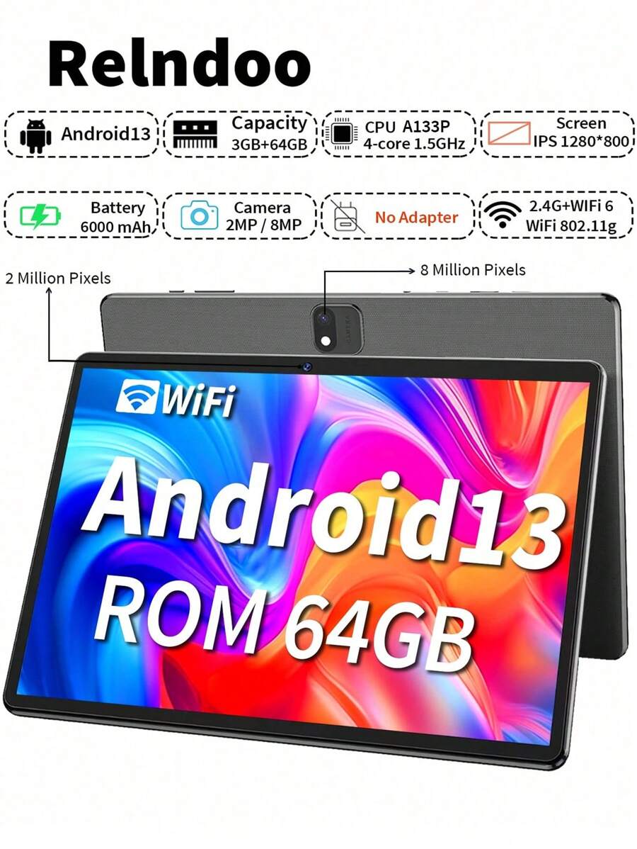 Relndoo Tablette Android 13 de 10 pouces 2025 TopS, 3 Go de RAM + 64 Go de ROM, processeur quadricœur A133P à 1,5 GHz, écran tactile HD 1280*800 px, batterie haute capacité de 6000 mAh, Wifi 802.11n 2,4 GHz, double caméra 2 MP + 8 MP, prise en charge de l'extension SD jusqu'à 512 Go, (sans adaptateur)