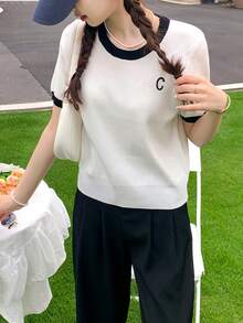 女士夏季休闲撞色边饰圆领短袖上衣 - 米色 - 查看 4