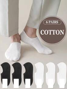 6 Pairs White Black Plain Cotton Invisable Anti-Slip Breathable Moisture-Wicking Casual Business And  Athletic Running Sports No-Show Low-Cut Men Liner Socks For Spring And Summer - Black and White - View 1