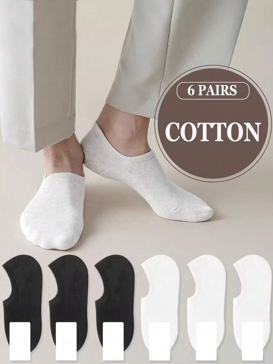 6 Pairs White Black Plain Cotton Invisable Anti-Slip Breathable Moisture-Wicking Casual Business And  Athletic Running Sports No-Show Low-Cut Men Liner Socks For Spring And Summer - Black and White - View 1