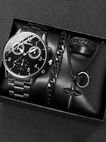 Conjunto de 4 relógios de pulso de quartzo masculinos da moda - colar com pingente estilo empresarial, pulseira, anel, relógio de aço inoxidável com visor analógico preciso, durável e confortável para uso casual e esportivo - presente ideal para ele