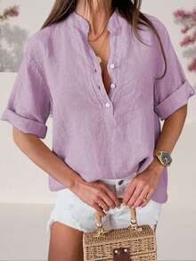 Women Solid Color Shirts Elbow Sleeve Buttons Stand Collar Blouses Summer Loose Casual Tops Streetwear - 紫色 - 查看 5