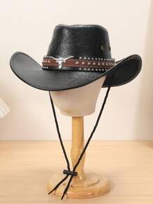 1 Unisex Metal Bull Imitation Diamond Decorated PU Leather Casual Top Hat, Elegant, Suitable For Travel, Parties, Western Cowboy Themed Parties, And Daily Use