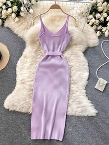 夏季新款女装女神优雅V领修身收腰针织连衣裙配腰带，吊带裙 - 紫丁香色 - 查看 2