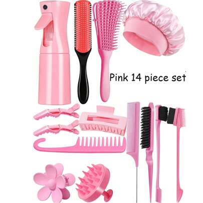 Bộ dụng cụ làm tóc 14 món, kèm bình xịt và mũ ngủ, bộ lược uốn, lược 9 hàng, lược răng thưa có móc, lược đuôi nhọn, lược hai đầu, lược massage, 1/3 kẹp tóc 8 càng giúp chải tóc dễ dàng và nhanh chóng hơn trong ngày gội đầu, phù hợp với tóc tự nhiên, màu hồng, đen, tím, phù hợp với mọi loại tóc ướt và khô.