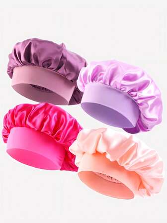 4pcs Silk Sleep Cap, Satin Lining, Stretchy Band, Suitable For Curly Hair