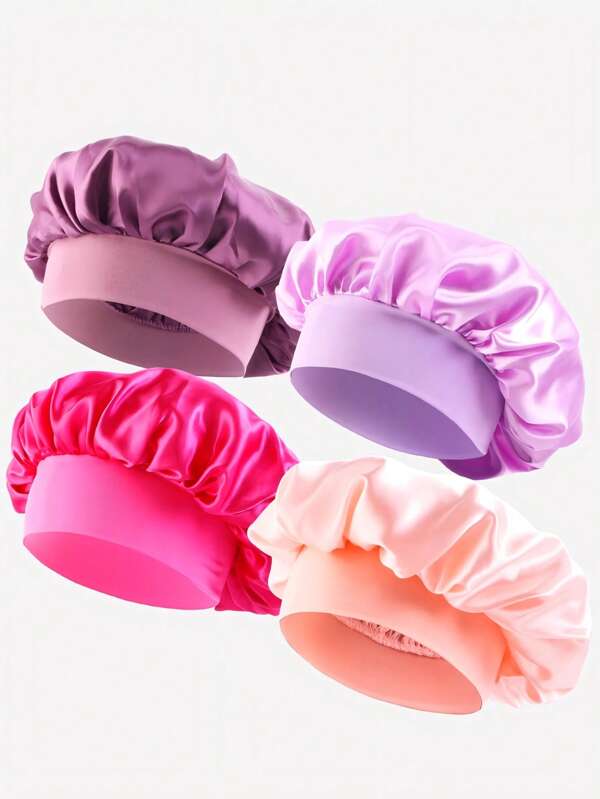 4 pièces Bonnet en soie pour dormir pour femmes, bonnets de cheveux doublés de satin pour dormir, bande élastique douce, bonnet de nuit en soie pour cheveux bouclés