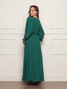 FASHION MIX PREMIUM Elegant Long Dress With Slit Long Sleeves With Tie With V-Neckline And Waist Adjustment Plus Size Women's Fits 38 To 44 - Màu xanh lá cây đậm - Xem 7