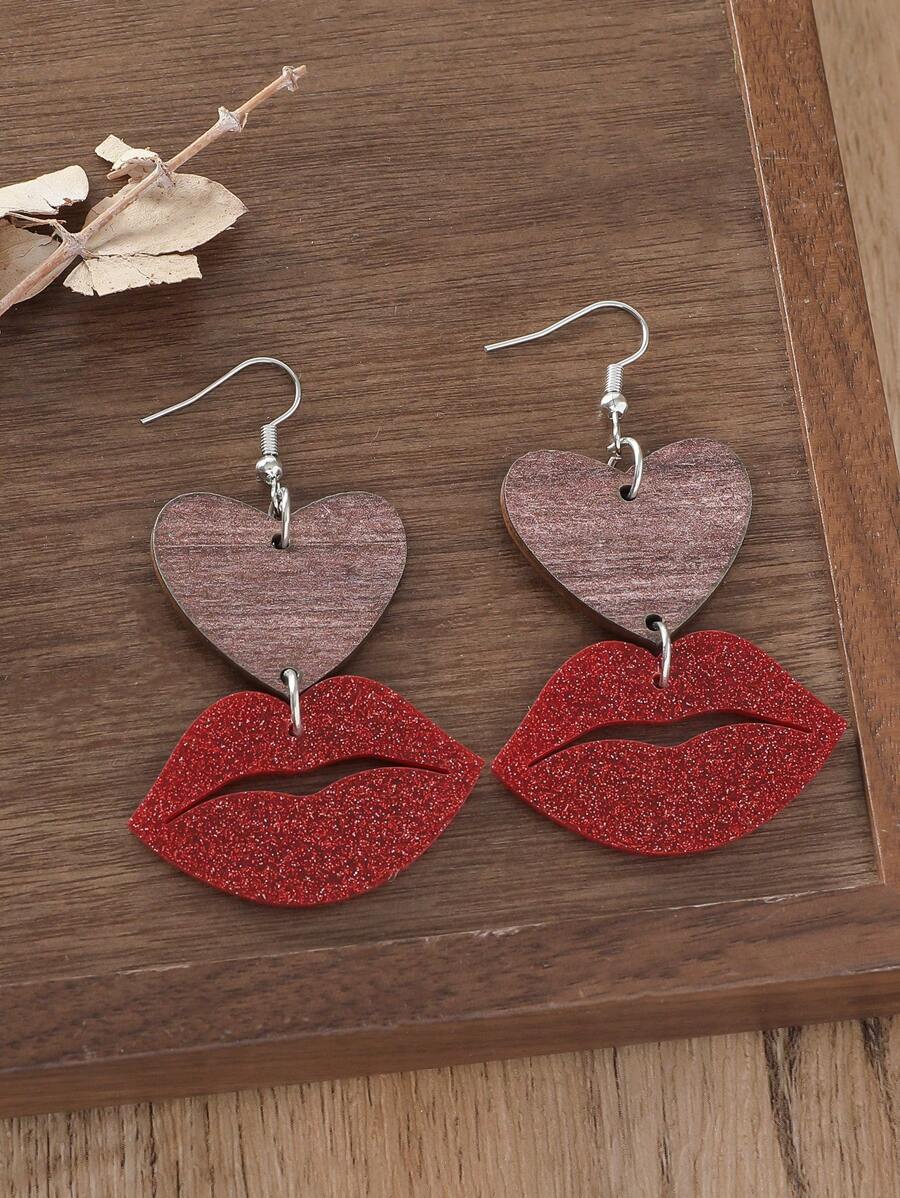 1 Pair Red Acrylic Lip & Wooden Heart Drop Earrings, Fashion Minimalist Daily Matching Jewelry