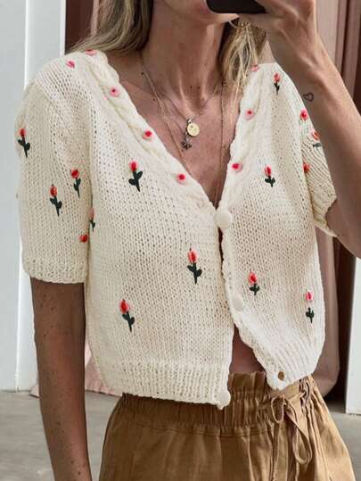 Cardigan rond pour femmes à manches courtes avec boutons brodés, élégant, mode printemps automne