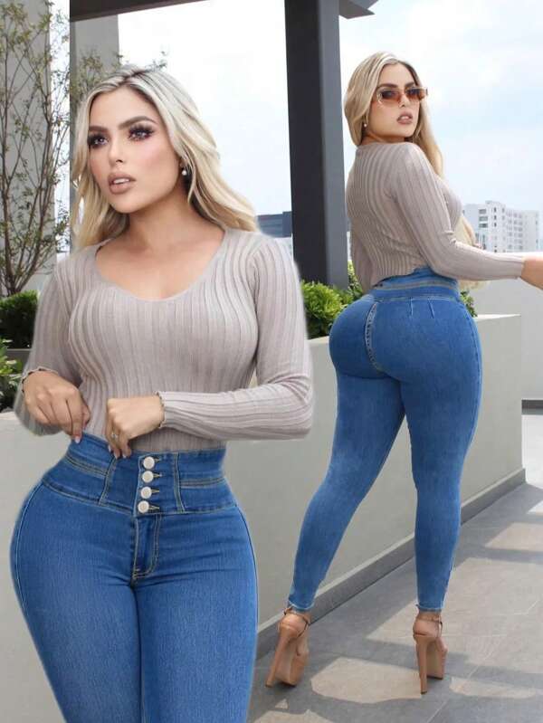 High Waisted High Stretch Button Skinny Butt Lifting Solid Color Jeans For Women, Fashion, Casual, Date, Commute, Elegant, Versatile
