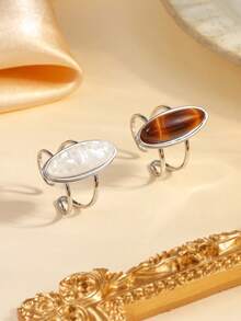 1pc/2pcs Stainless Steel Vintage Gold Color Rings Set With White And Brown Rhombus Gemstones, Open Design Suitable For Women Everyday Wear Or Gift - Silver - View 2