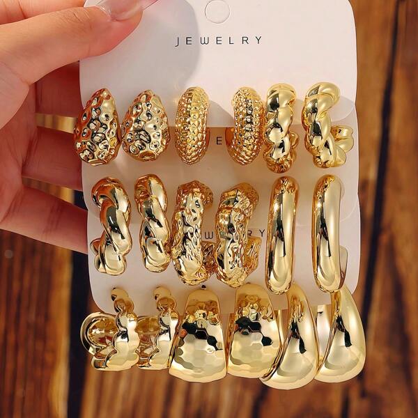 3-9 Pairs New Arrival ABS Resin&CCB Exaggerated Gold C-Shaped Water Drop Personalized Fashion Earrings Set