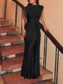 女士夏季无袖拼接修身长裙性感优雅派对礼服舞会礼服婚礼黑色春季 - 黑色 - 查看 9