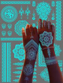 6 Sheets Blue Luminous Tattoo Stickers For Girls, White Lace Lotus Tattoos Mandala Flower Fake Jewelry Pendant Pattern,Glow In The Dark Waterproof Fake Tattoos For Arm Neck Hand Back Finger,Wedding Music Festival Party Supplies - White - View 3