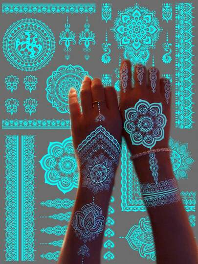 6pcs Blue Glow-In-The-Dark Temporary Tattoo Stickers, White Lace Lotus Mandala Flower Pendant Pattern, Waterproof Fake Tattoos For Arms, Neck, Hands, Fingers, Wedding, Music Festival Party Supplies