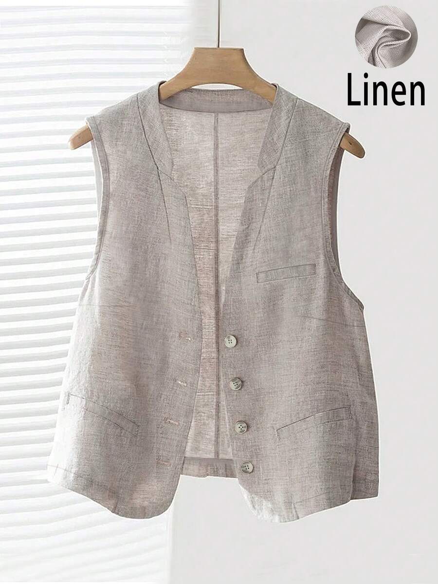 女士春夏休闲度假亚麻短款西装背心 - 灰色 - 查看 1