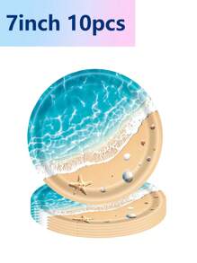 10 Stücke Ozean-Muschel Party Pappteller Sommer Geschirr Einweg Dinner Teller Papierbecher Papiertaschentücher Serviette, geeignet für Ferien Party Dinner Teller See Welle Hochzeit Geburtstag Party Hochzeit Zuhause Büroparty, exquisites Handwerk, modisch passend für Picknick