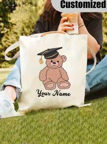 Customized Name Canvas Bag, Customizable Graduation Teddy Bear Handbag - Personalized Name, Cute Animal Design, With Graduation Cap And Diploma, Perfect Graduation Gift For Her Or Him, Personalized Handbag, Customizable Name Or Text