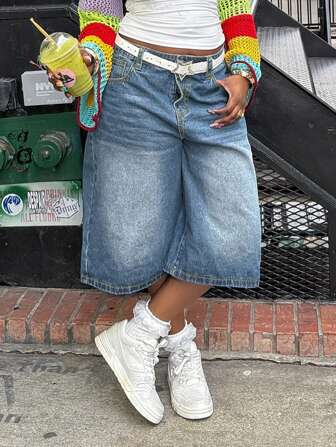 休闲复古街头风格时尚低腰宽松直筒七分牛仔短裤女夏季