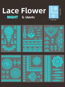 6 Sheets Blue Luminous Tattoo Stickers For Girls, White Lace Lotus Tattoos Mandala Flower Fake Jewelry Pendant Pattern,Glow In The Dark Waterproof Fake Tattoos For Arm Neck Hand Back Finger,Wedding Music Festival Party Supplies - White - View 11
