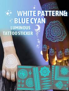 6 Sheets Blue Luminous Tattoo Stickers For Girls, White Lace Lotus Tattoos Mandala Flower Fake Jewelry Pendant Pattern,Glow In The Dark Waterproof Fake Tattoos For Arm Neck Hand Back Finger,Wedding Music Festival Party Supplies - White - View 4