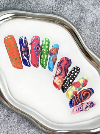 45 mm extra långa fyrkantiga franska handgjorda press-on-naglar, flerfärgade nageltips med ögonformade accessoarer, handmålade kreativa mönster och 3D-färgkonflikterande manikyr, heltäckande konstgjorda handgjorda gör-det-själv-glänsande lösnaglar, 10 st/påse nageltillbehör