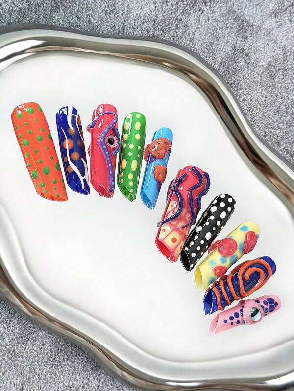 45MM Extra Long Square French Handmade Press-On Nails, Multicolored Nail Tips With Eye-Shaped Accessories, Hand-Painted Creative Patterns & 3D Color-Clashing Design Manicure, Full-Cover Artificial Handmade DIY Shiny Fake Nails, 10 Pieces/Bag