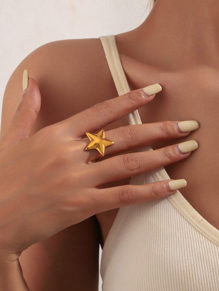 1 件 18K 镀金不锈钢几何 3D 五角星开口戒指，高品质防过敏防水戒指，时尚女士日常佩戴珠宝 - 金黃色 - 查看 1