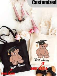Customized Name Canvas Bag, Customizable Graduation Teddy Bear Handbag - Personalized Name, Cute Animal Design, With Graduation Cap And Diploma, Perfect Graduation Gift For Her Or Him, Personalized Handbag, Customizable Name Or Text