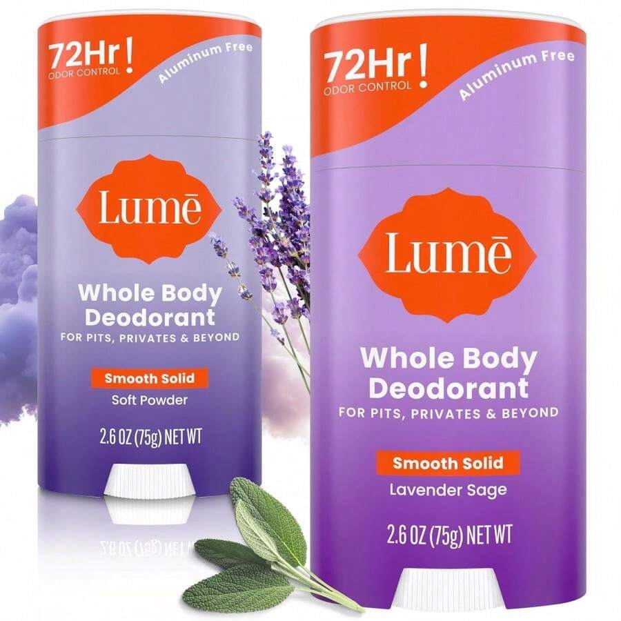 Lume Whole Body Deodorant - Smooth Solid Stick - 72 Hour Odor Control - Aluminum Free, Baking Soda Free And Skin Safe - 2.6 Ounce (Pack Of 2) (Minted Cucumber) - Soft Powder & Lavender Sage - 查看 1